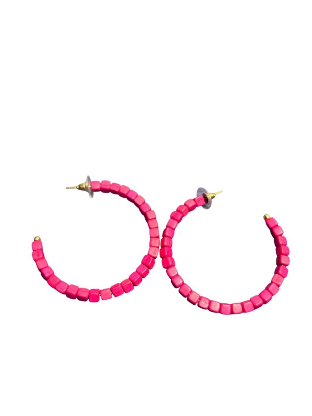 Pink Black Plastic Beaded Open Hoop Earrings 2 inches - Picture 2 of 2